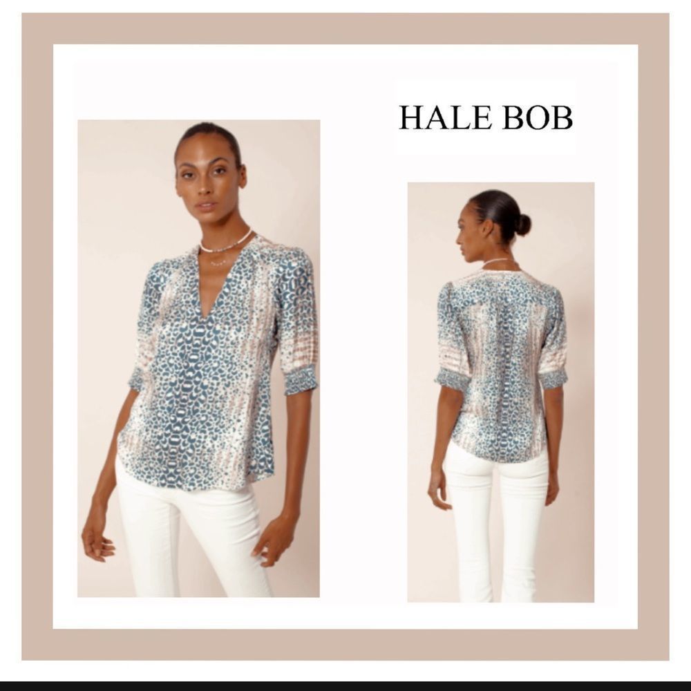 Hale Bob Teal and Cream Animal Print V-Neck Blouse
